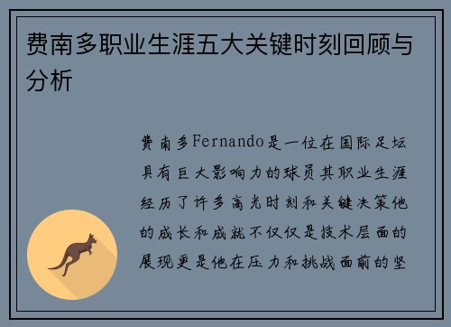 费南多职业生涯五大关键时刻回顾与分析